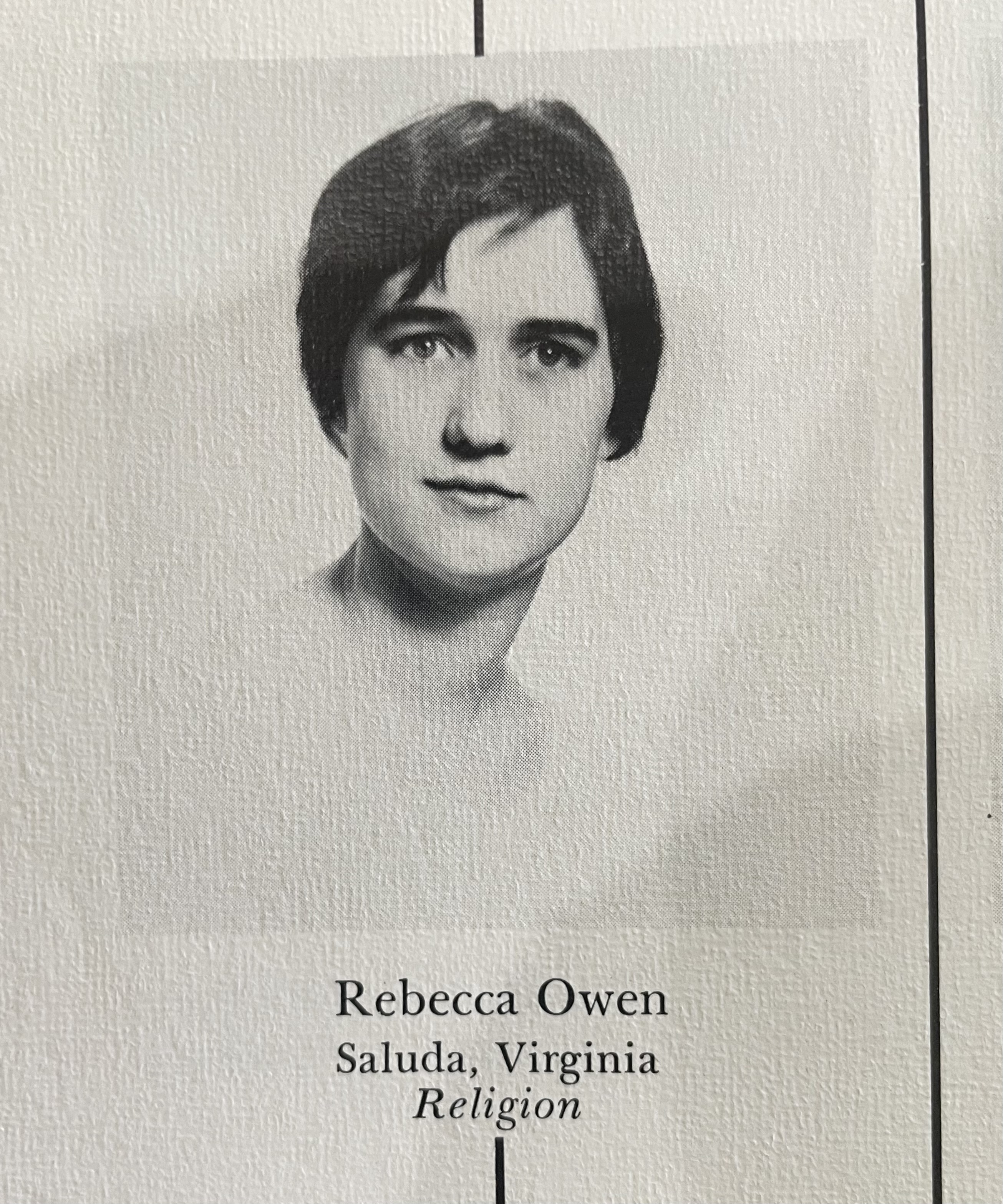 Yearbook photograph of Rebecca Owen. Text says she's from Saluda, VA, and was an English major