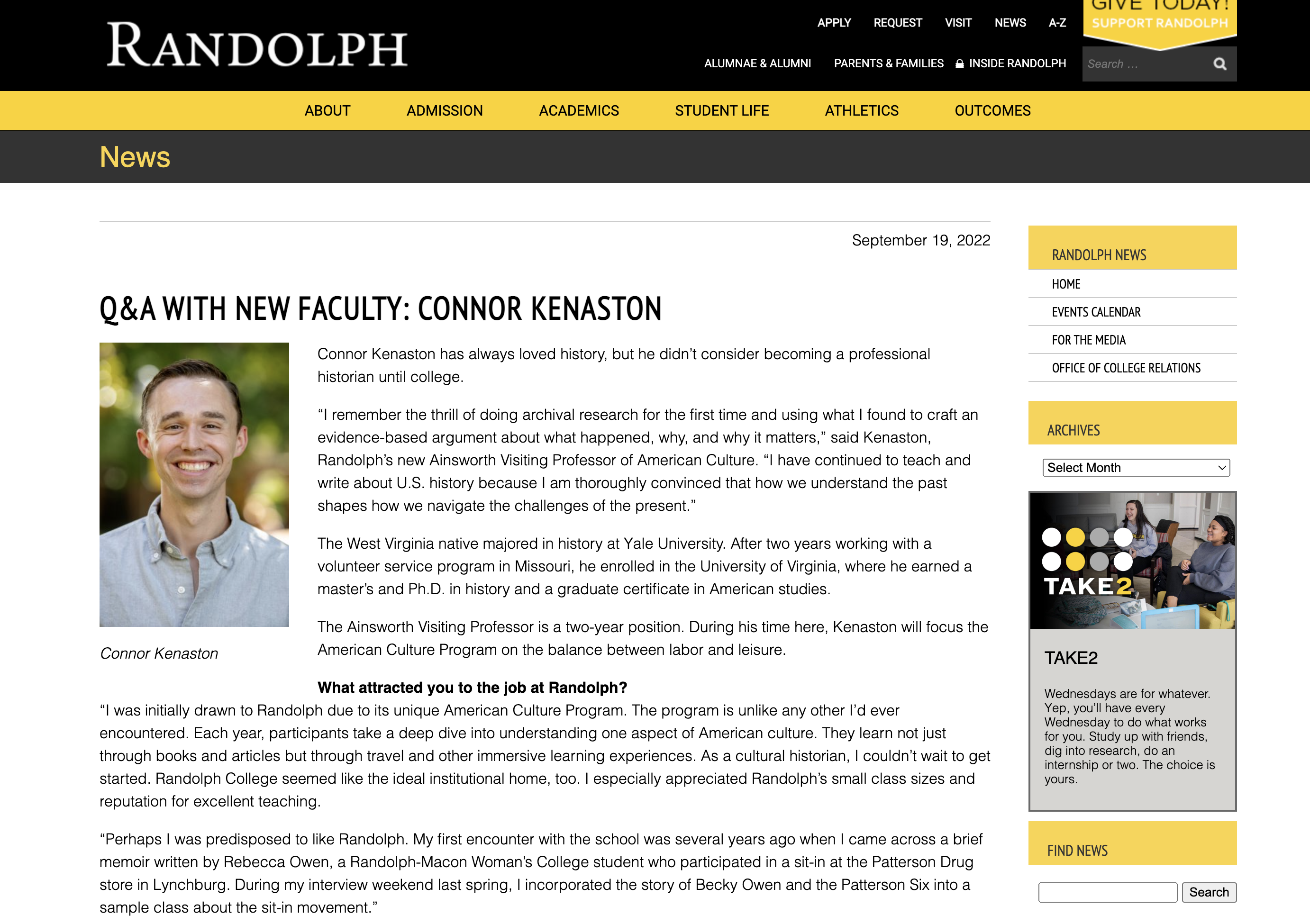Screenshot of Randolph College's Q&A with Connor S. Kenaston, the new Ainsworth Visiting Assistant Professor of American Culture