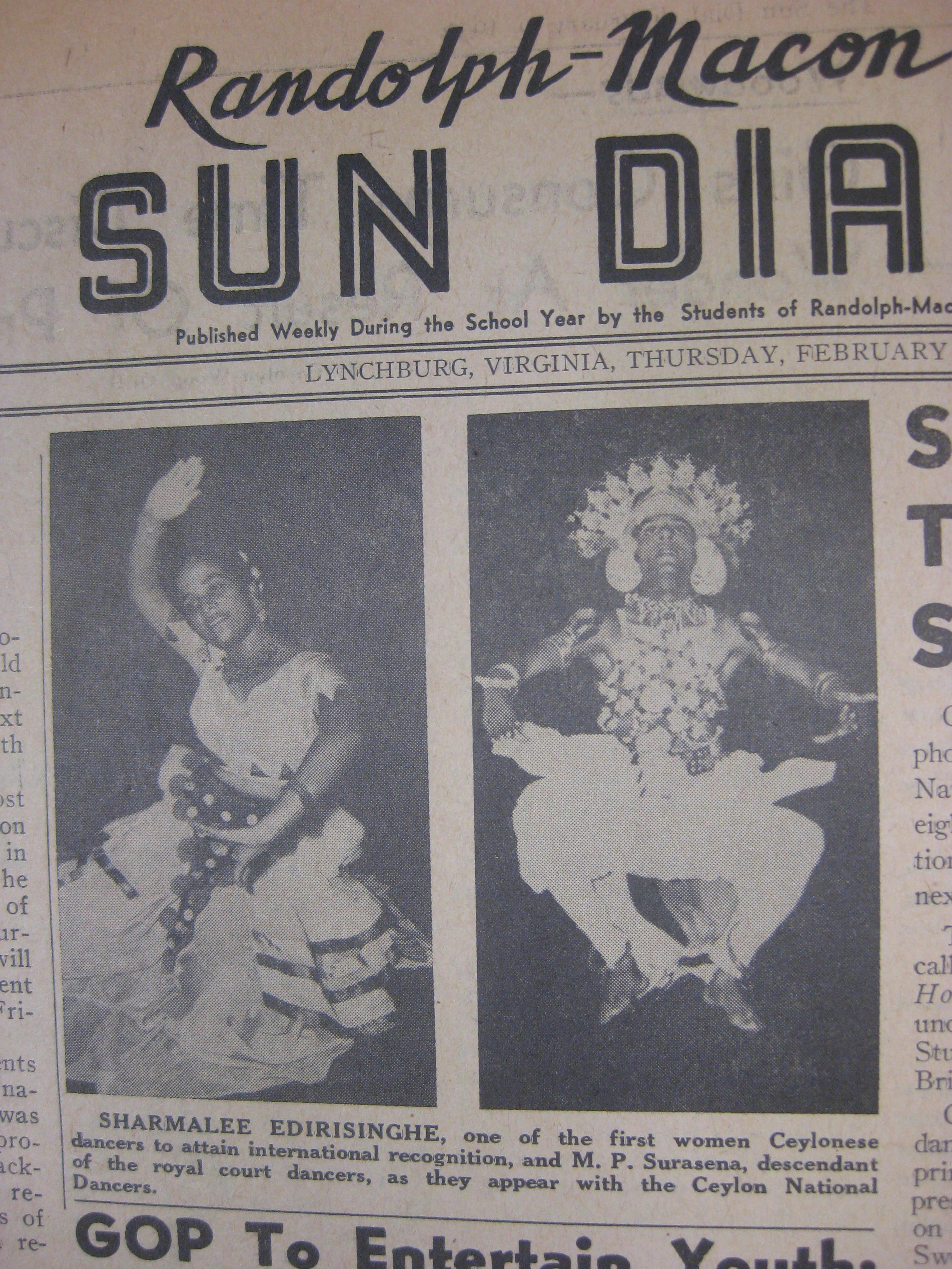 The image is from the _Sun Dial_ newspapers. It contains an image of a male and female dancer wearing traditional attire associated with Kandyan dance.