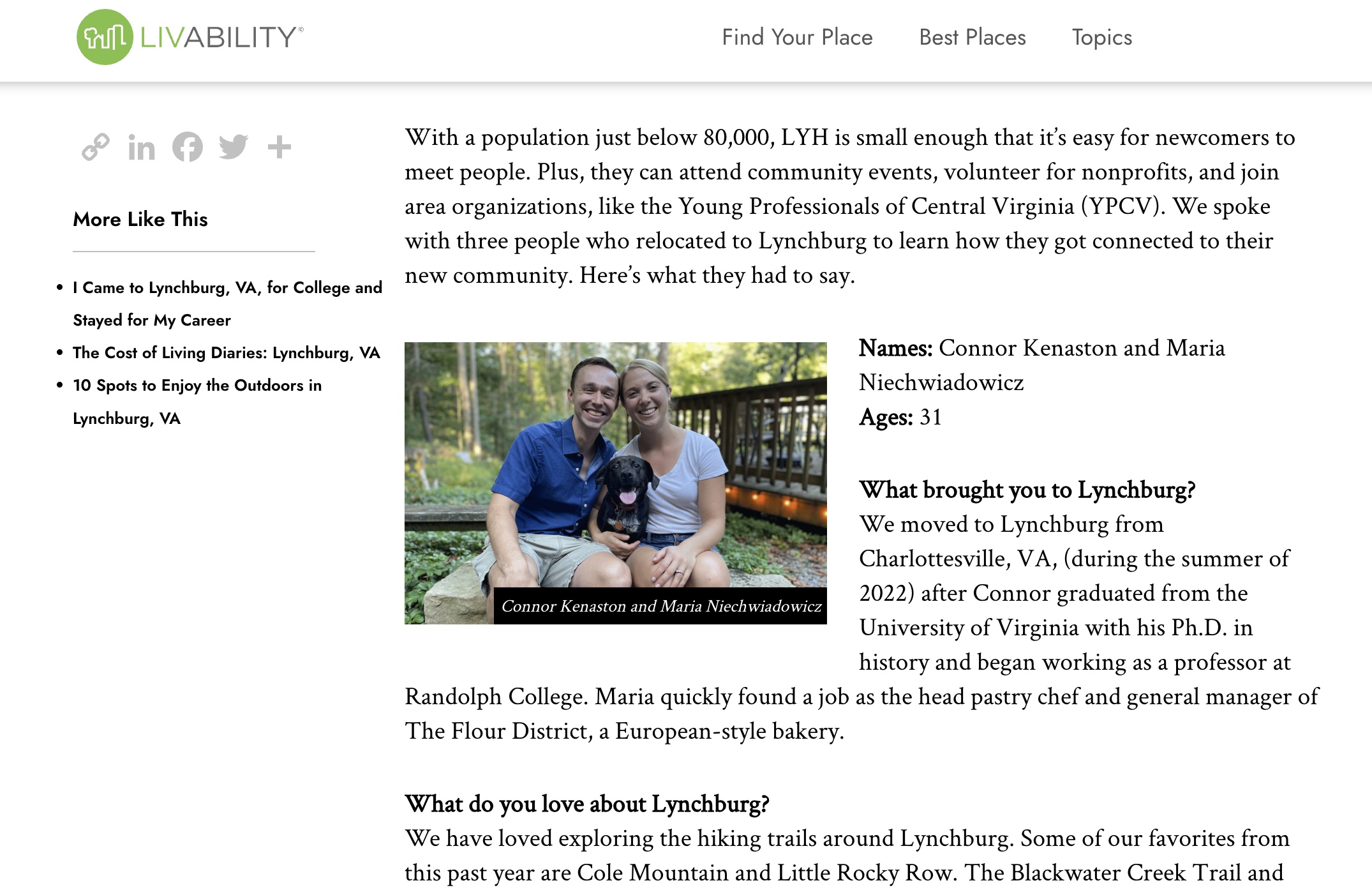 Screenshot of article featuring Connor Kenaston and Maria Niechwiadowicz. The screenshot includes text that can be found in the article, as well as a photo of Connor, Maria, and their dog Franklin.
