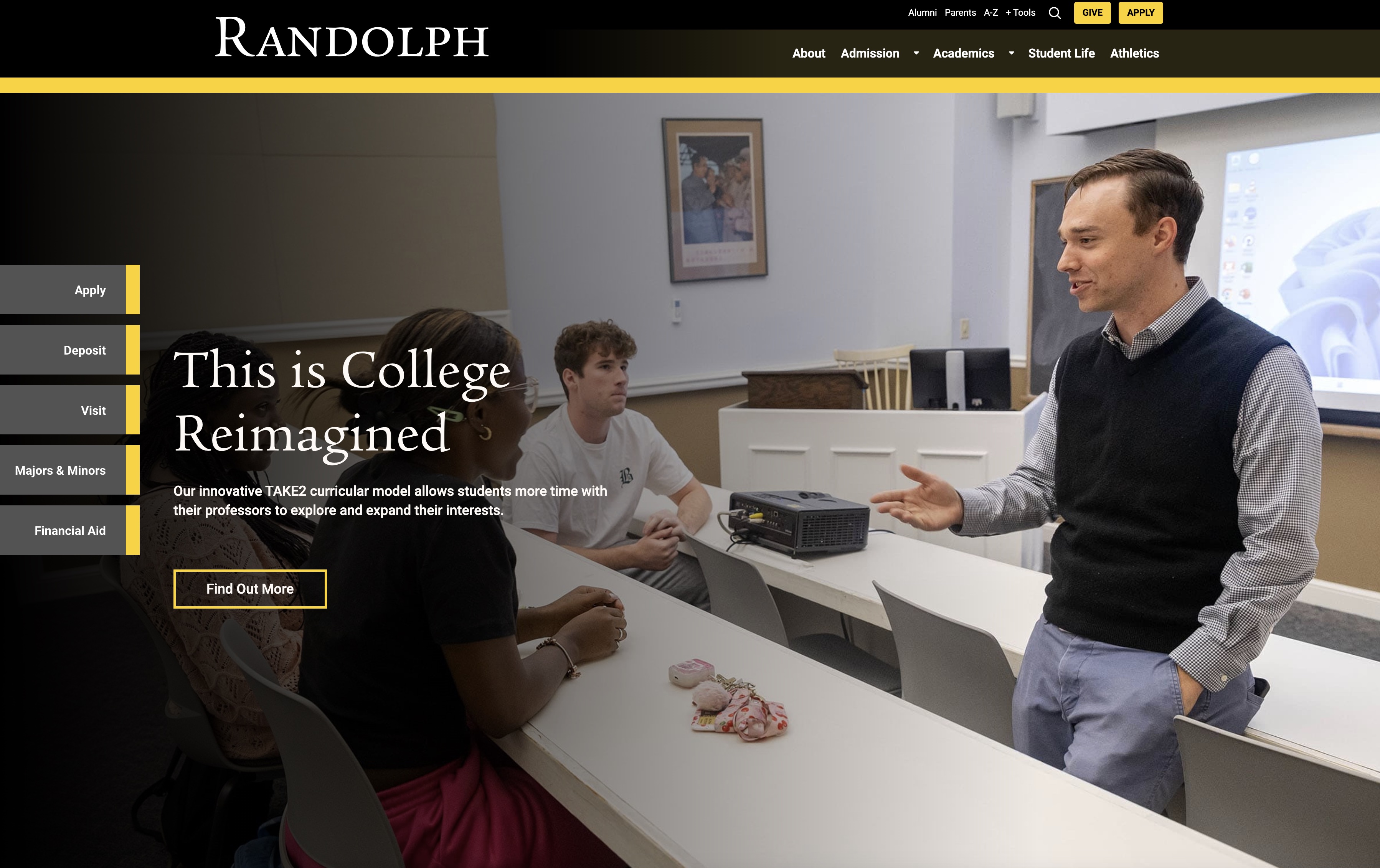 This is a screenshot of the Randolph College website homepage. It is a photograph of Dr Kenaston in a dress shirt, black sweater vest, and blue pants talking to three students. Text overlay states This is College Reimagined.