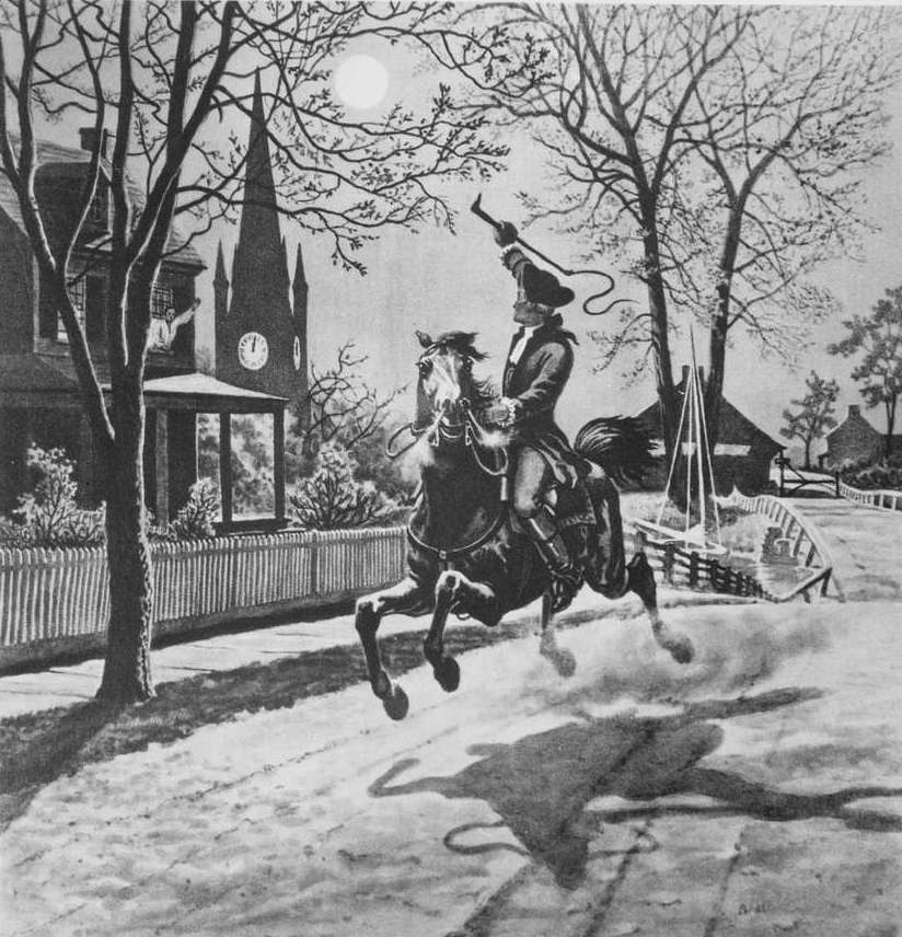 The illustration depicts Paul Revere's Midnight Ride during the Revolutionary War. Revere is on a horse that is galloping. He is looking back toward the clock tower of the Old North Church.