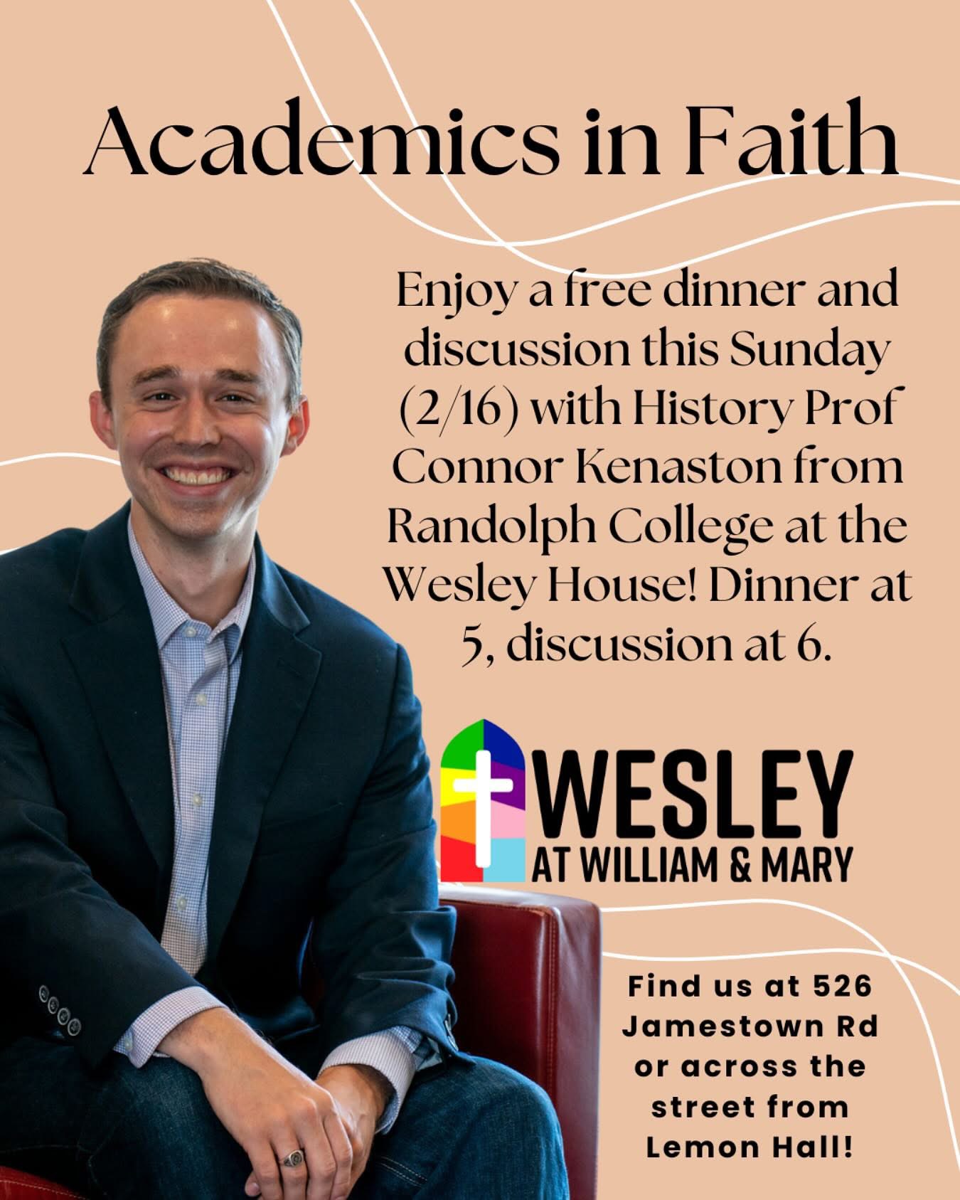 Poster advertising talk by Kenaston with Wesley Foundation at William and Mary